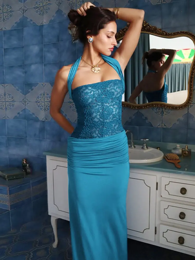 Mozision Off-shoulder Strapless Sexy Maxi Dress For Women Elegant Blue Sleeveless Backless Lace Patchwork Bodycon Long Dress