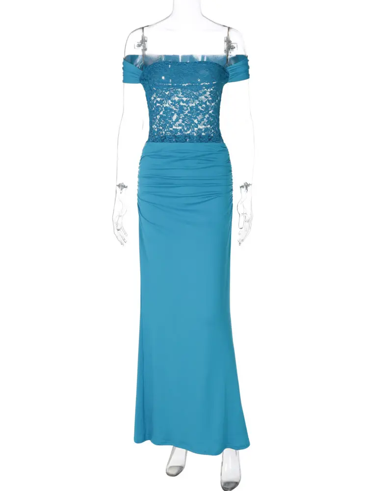 Mozision Off-shoulder Strapless Sexy Maxi Dress For Women Elegant Blue Sleeveless Backless Lace Patchwork Bodycon Long Dress