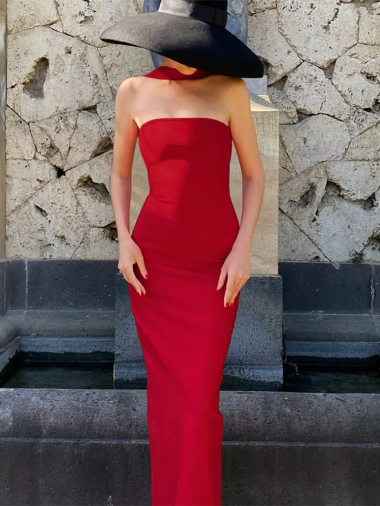 Mozision Halter Off-shoulder Sexy Maxi Dress Women Fashion Strapless Sleeveless Backless Bodycon Club Party Long Dresses Female
