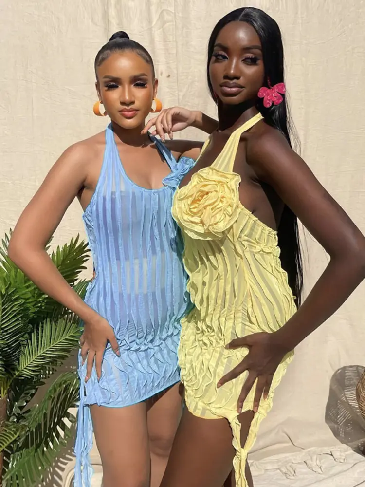 Mozision Halter Floral Pleated Sexy Mini Dress For Women Robe Fashion Sleeveless Backless Draped Club Party Dress Elegant