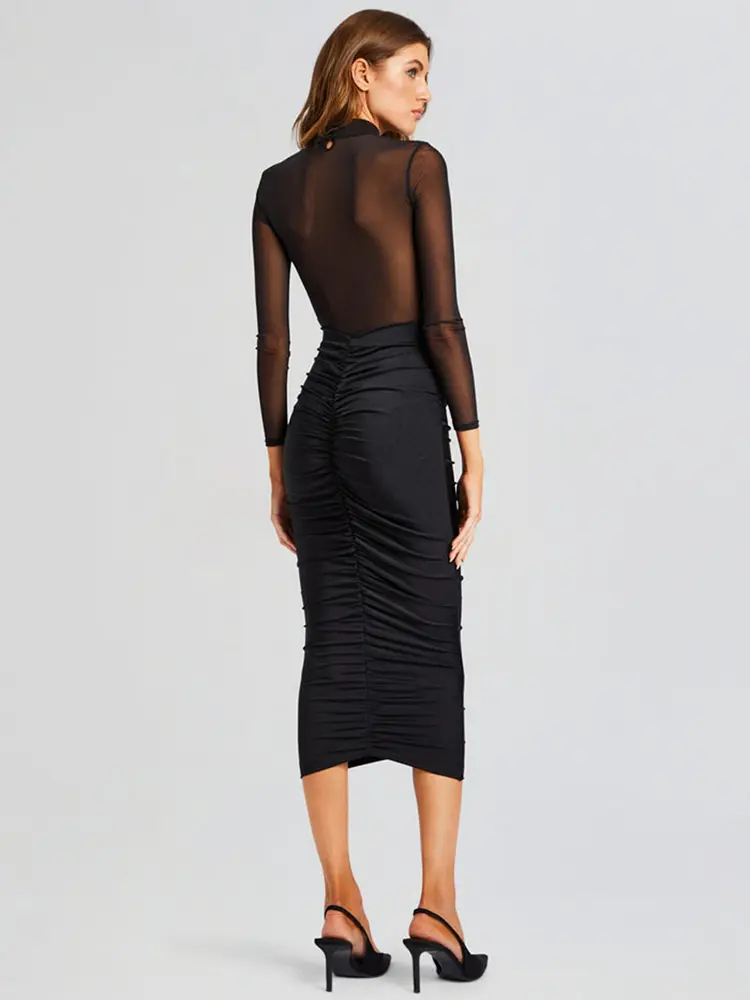 Mozision Sheer Long Sleeve Ruched Sexy Maxi Dress Women Fashion Half High Collar See Through Backless Bodycon Sexy Long Dress
