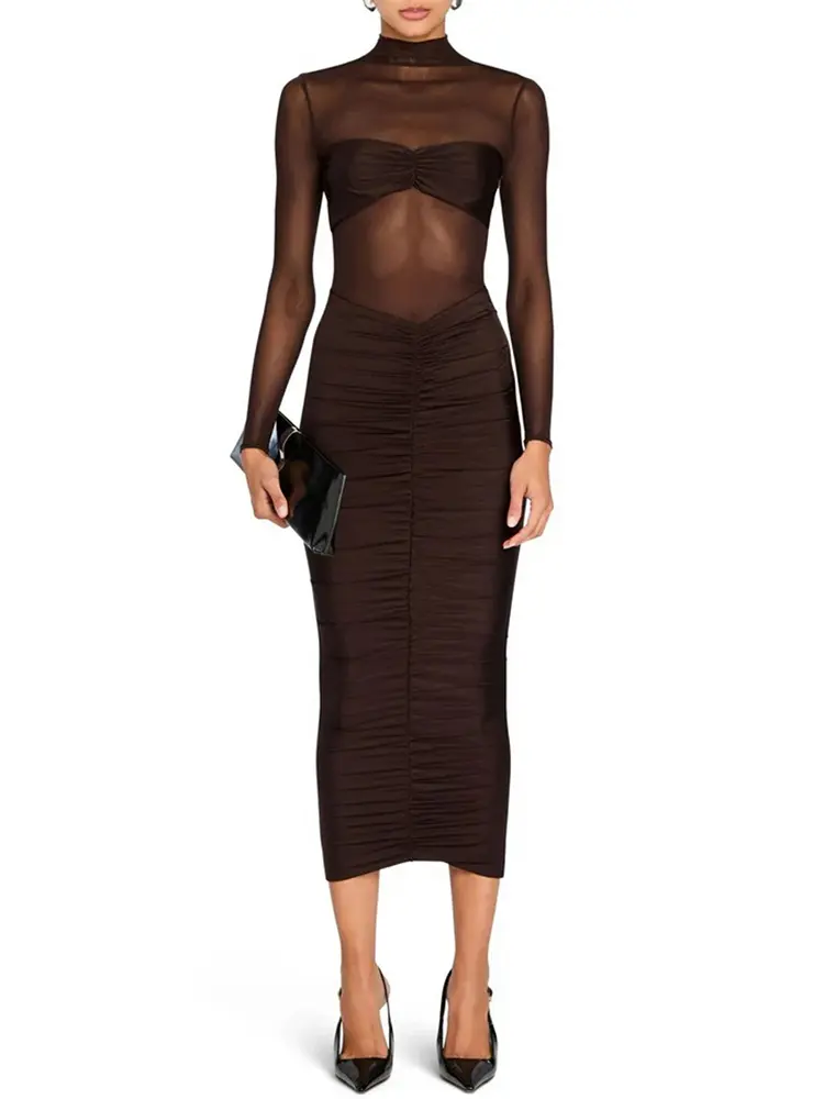 Mozision Sheer Long Sleeve Ruched Sexy Maxi Dress Women Fashion Half High Collar See Through Backless Bodycon Sexy Long Dress