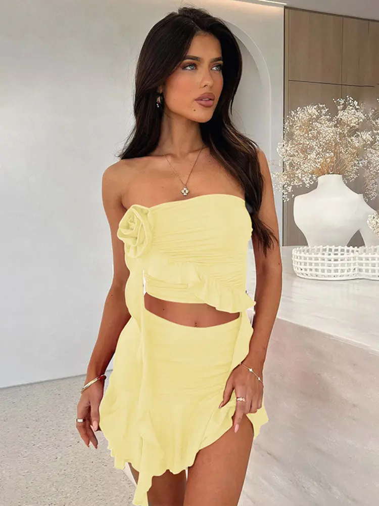 Mozision Sexy Women Dress Sets Rose Strapless Crop Tops And Mini Skirt Sets Female Elegant Ruffled Club Party Two Piece Sets