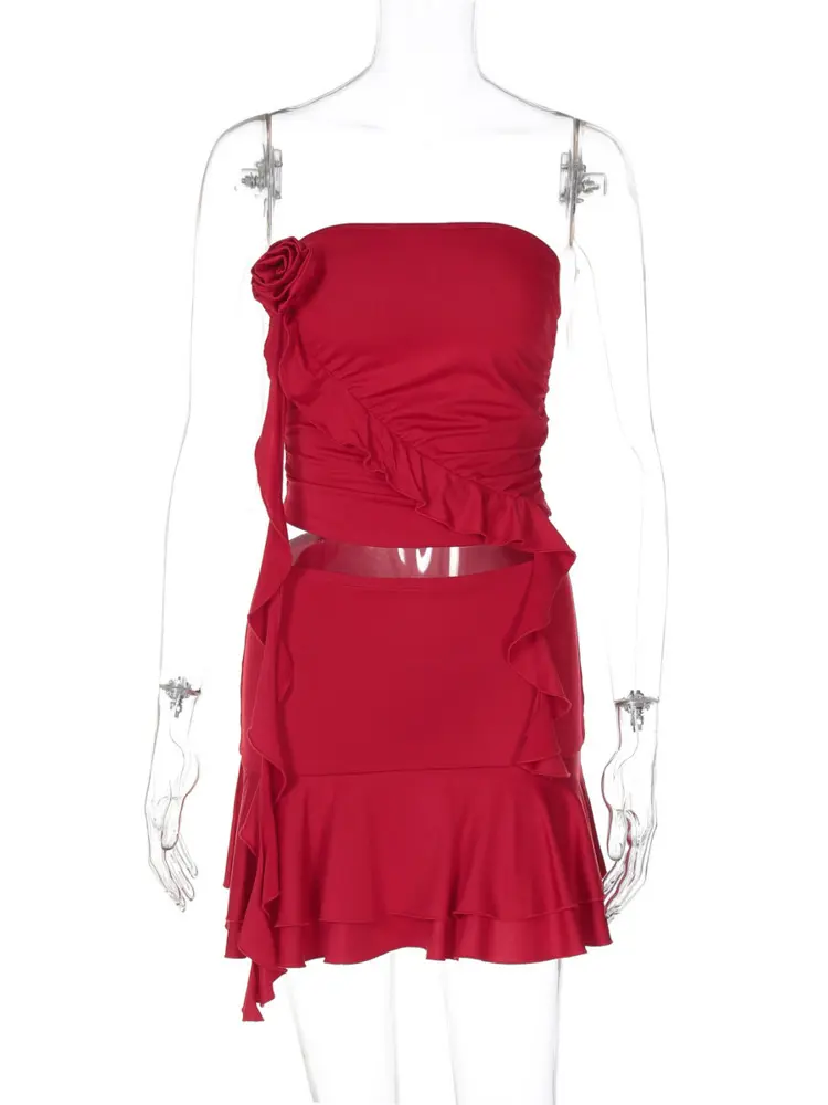 Mozision Sexy Women Dress Sets Rose Strapless Crop Tops And Mini Skirt Sets Female Elegant Ruffled Club Party Two Piece Sets