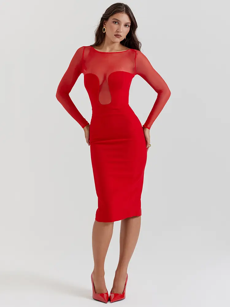 Mozision Elegant Strapless Sexy Midi Dress For Women Fashion Sheer Long Sleeve Backless Split Bodycon Club Party Sexy Long Dress