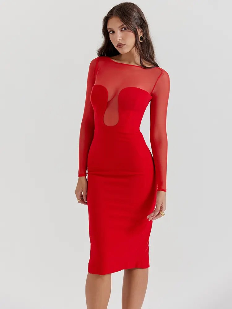Mozision Elegant Strapless Sexy Midi Dress For Women Fashion Sheer Long Sleeve Backless Split Bodycon Club Party Sexy Long Dress