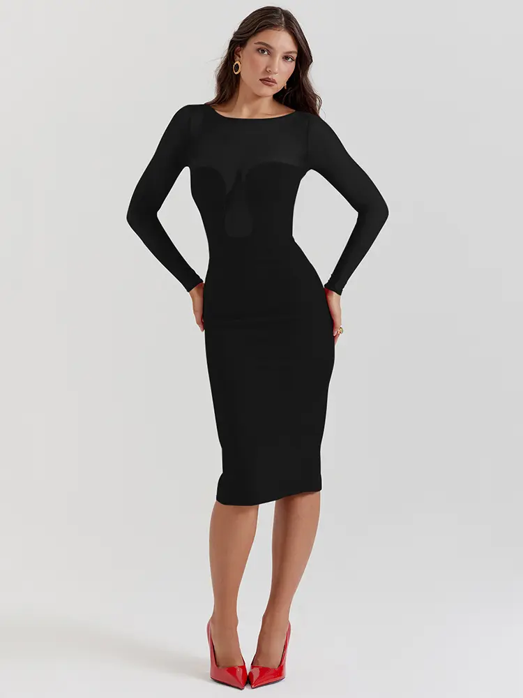 Mozision Elegant Strapless Sexy Midi Dress For Women Fashion Sheer Long Sleeve Backless Split Bodycon Club Party Sexy Long Dress