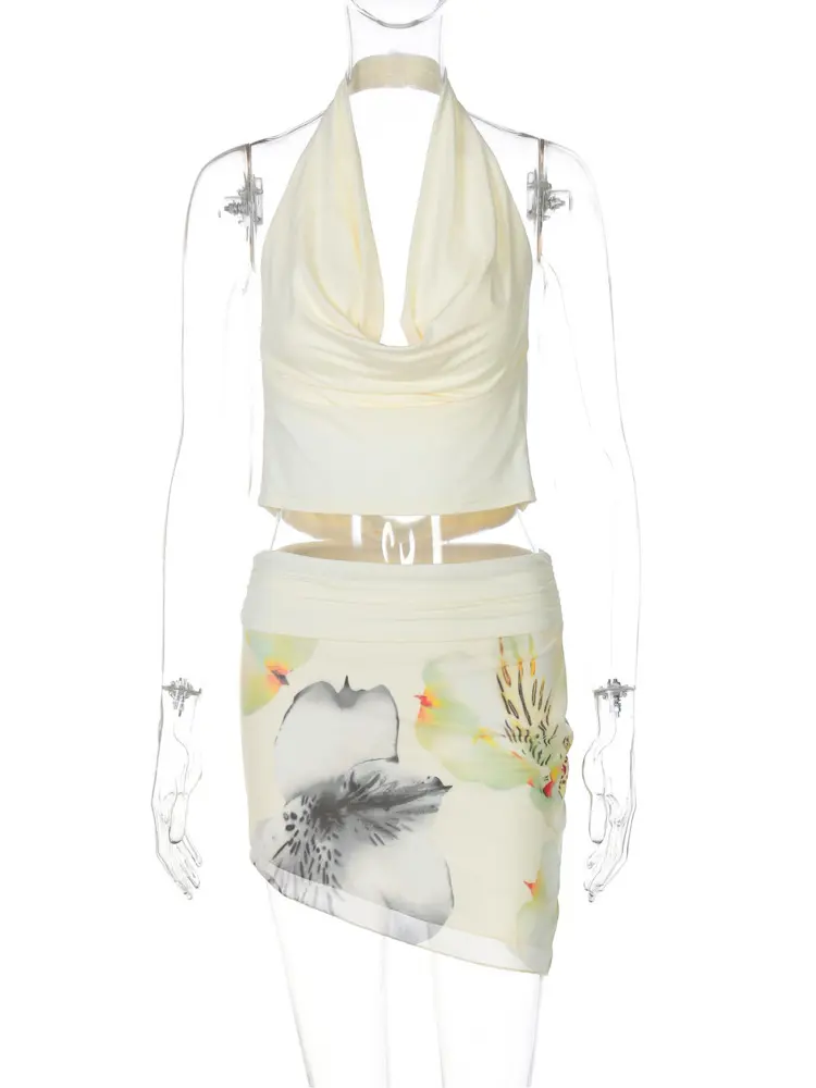 Mozision Print Beach Skirt 2 Piece Set Women Halter V Neck Tank Top And Mini Skirt Female Elegant Club Party Dress Set 2025
