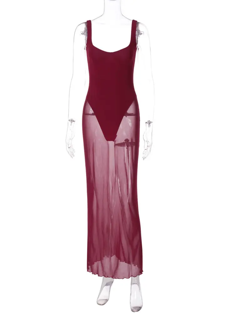 Mozision Mesh See Through Sexy Maxi Dress For Women Burgundy Spaghetti Strap Sleeveless Backless Elegant Club Party Long Dress