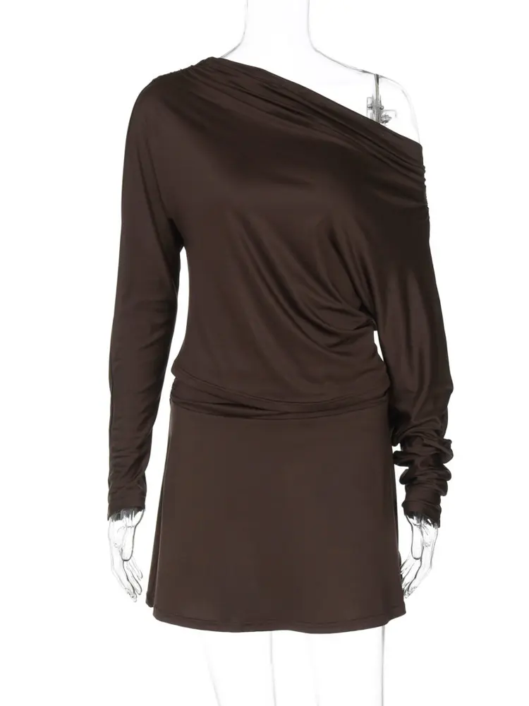 Mozision Autumn Fashion Two Piece Set Women One Shoulder Long Sleeve T-shirt And Mini Skirt Matching Set Female Skirt Set New