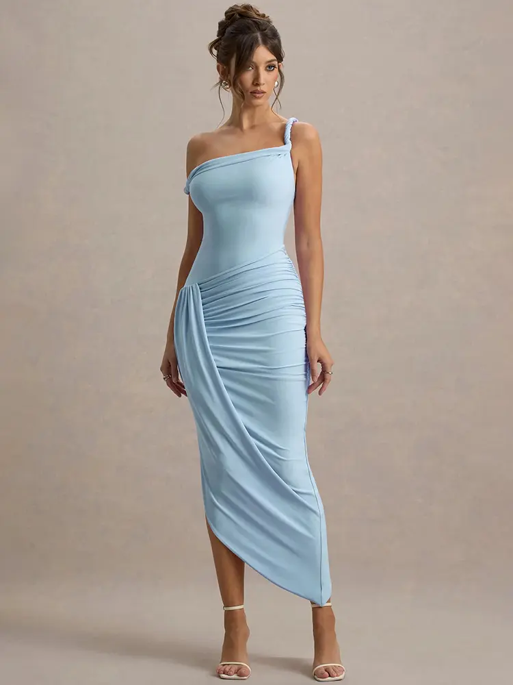 Mozision Irregular Backless Sexy Maxi Dress For Women Blue One-shoulder Sleeveless Draped Ruched Bodycon Club Party Dresses