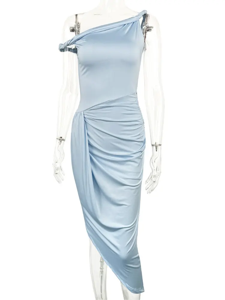 Mozision Irregular Backless Sexy Maxi Dress For Women Blue One-shoulder Sleeveless Draped Ruched Bodycon Club Party Dresses