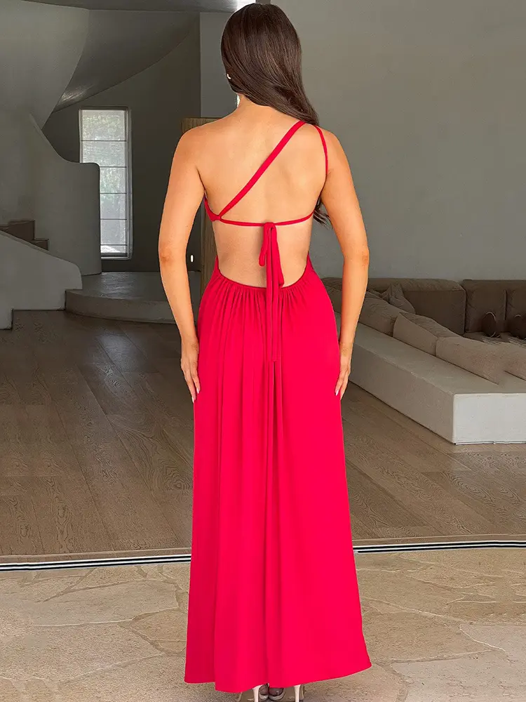 Mozision One Shoulder Diagonal Collar Backless Sexy Maxi Dress For Women Robe Fashion Off-shoulder Sleeveless High Split Dress