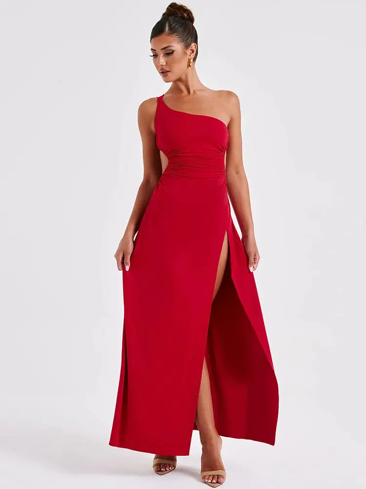 Mozision One Shoulder Diagonal Collar Backless Sexy Maxi Dress For Women Robe Fashion Off-shoulder Sleeveless High Split Dress