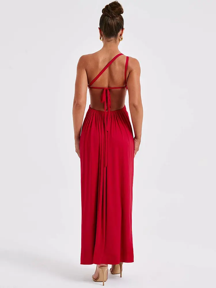 Mozision One Shoulder Diagonal Collar Backless Sexy Maxi Dress For Women Robe Fashion Off-shoulder Sleeveless High Split Dress