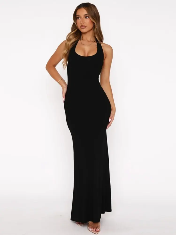 Mozision Halter Backless Sexy Maxi Dress Women Gown Summer New Solid U Neck Sleeveless High Waist Long Dress Elegant 2025