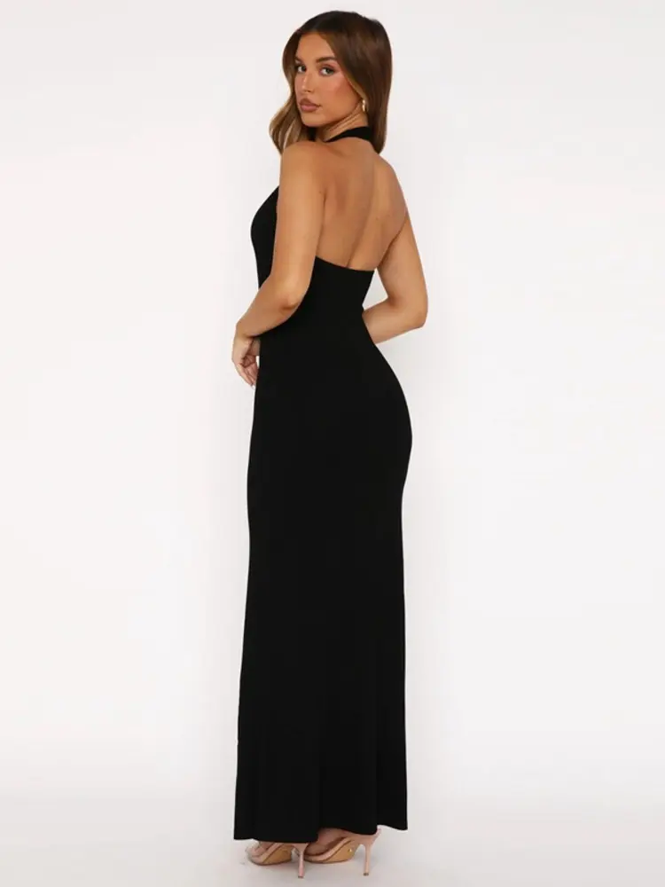 Mozision Halter Backless Sexy Maxi Dress Women Gown Summer New Solid U Neck Sleeveless High Waist Long Dress Elegant 2025