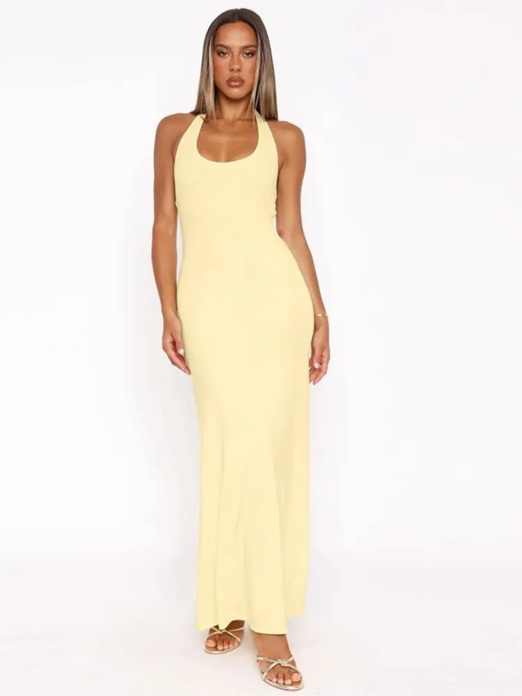 Mozision Halter Backless Sexy Maxi Dress Women Gown Summer New Solid U Neck Sleeveless High Waist Long Dress Elegant 2025