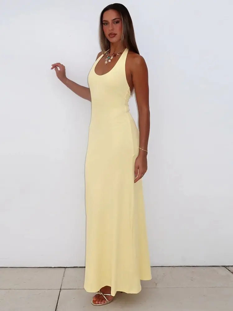 Mozision Halter Backless Sexy Maxi Dress Women Gown Summer New Solid U Neck Sleeveless High Waist Long Dress Elegant 2025