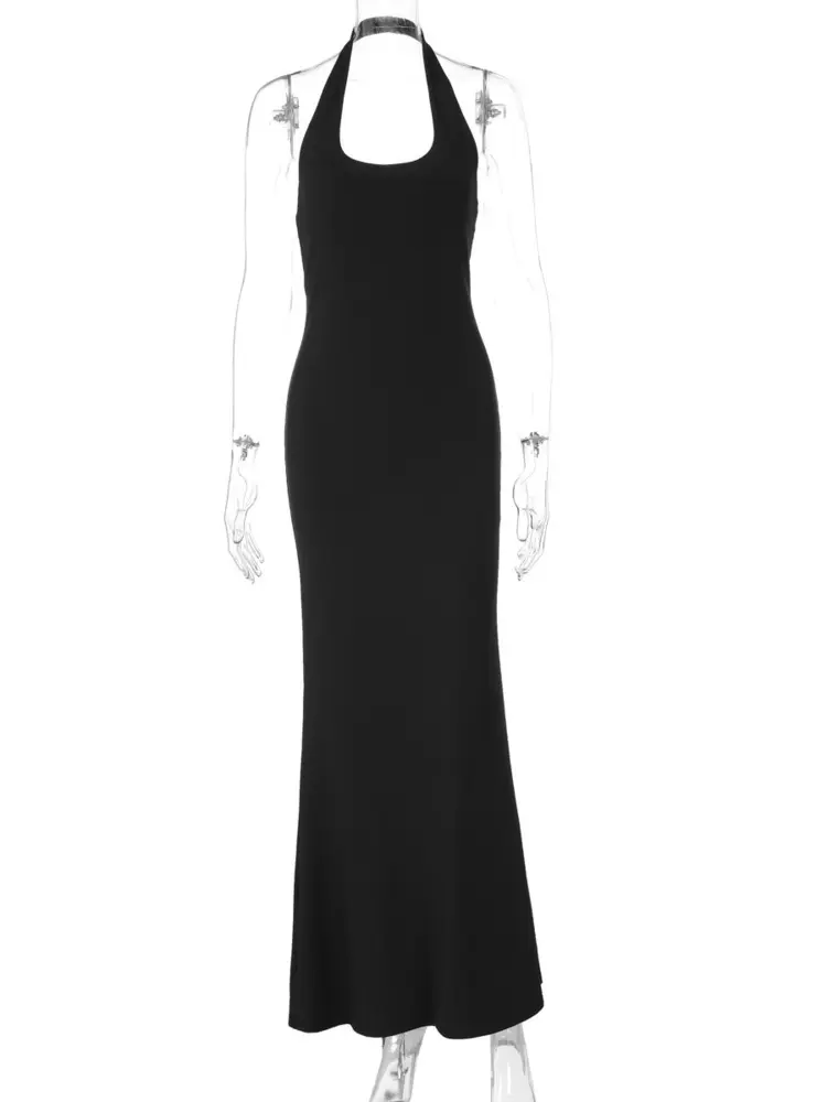 Mozision Halter Backless Sexy Maxi Dress Women Gown Summer New Solid U Neck Sleeveless High Waist Long Dress Elegant 2025