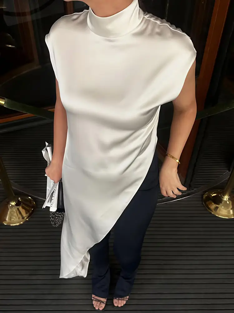 Mozision Irregular Sleeveless Sexy Maxi Dress For Women Fashion Elegant Satin Solid Turtleneck Slim Long Dresses Female 2025