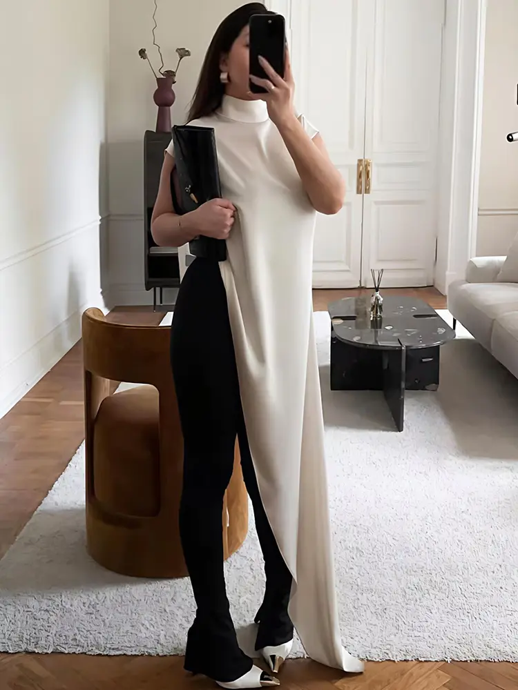 Mozision Irregular Sleeveless Sexy Maxi Dress For Women Fashion Elegant Satin Solid Turtleneck Slim Long Dresses Female 2025