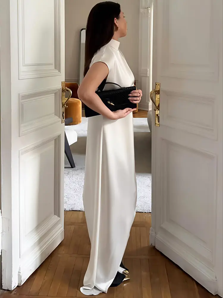 Mozision Irregular Sleeveless Sexy Maxi Dress For Women Fashion Elegant Satin Solid Turtleneck Slim Long Dresses Female 2025