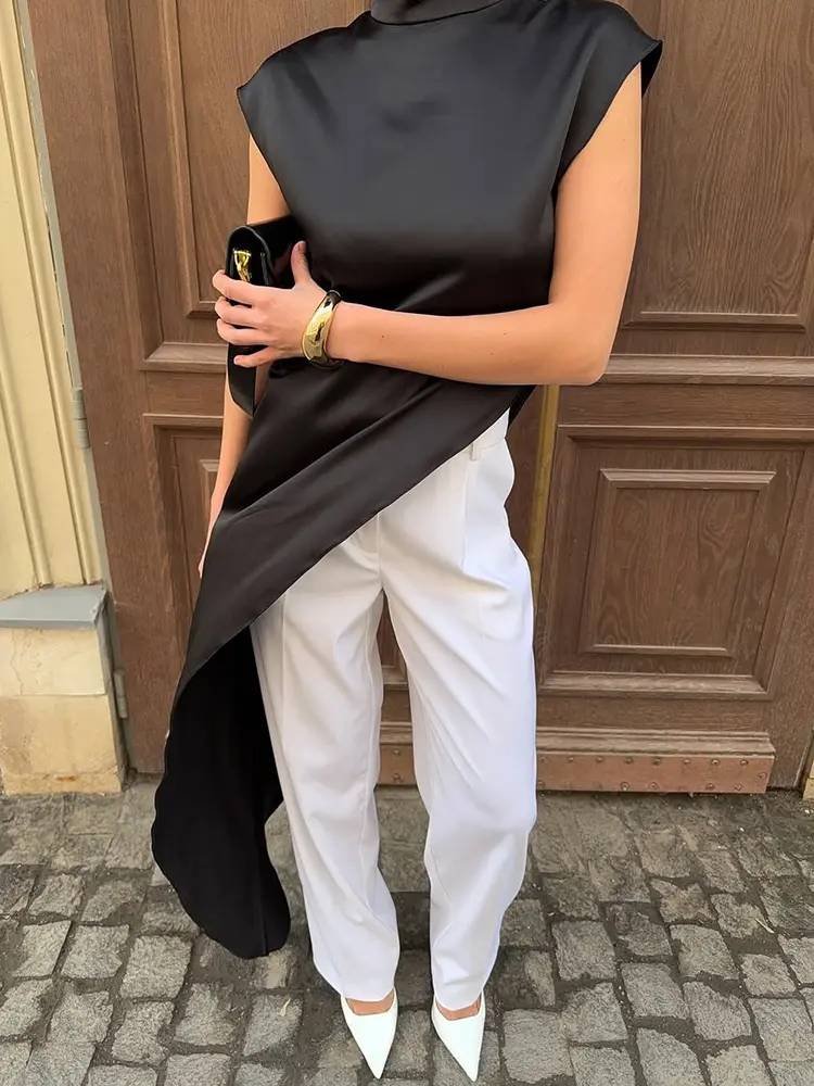 Mozision Irregular Sleeveless Sexy Maxi Dress For Women Fashion Elegant Satin Solid Turtleneck Slim Long Dresses Female 2025