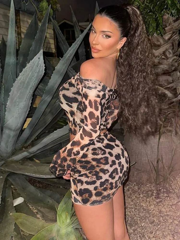 Mozision Leopard Print Sexy Two Piece Sets Women Off-shoulder Long Sleeve Crop Tops And Mini Skirt Matching Sets Hot Skirt Set