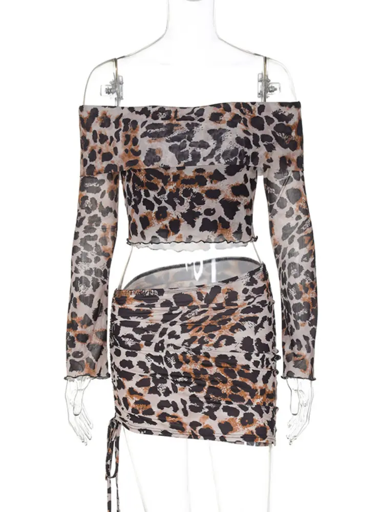 Mozision Leopard Print Sexy Two Piece Sets Women Off-shoulder Long Sleeve Crop Tops And Mini Skirt Matching Sets Hot Skirt Set