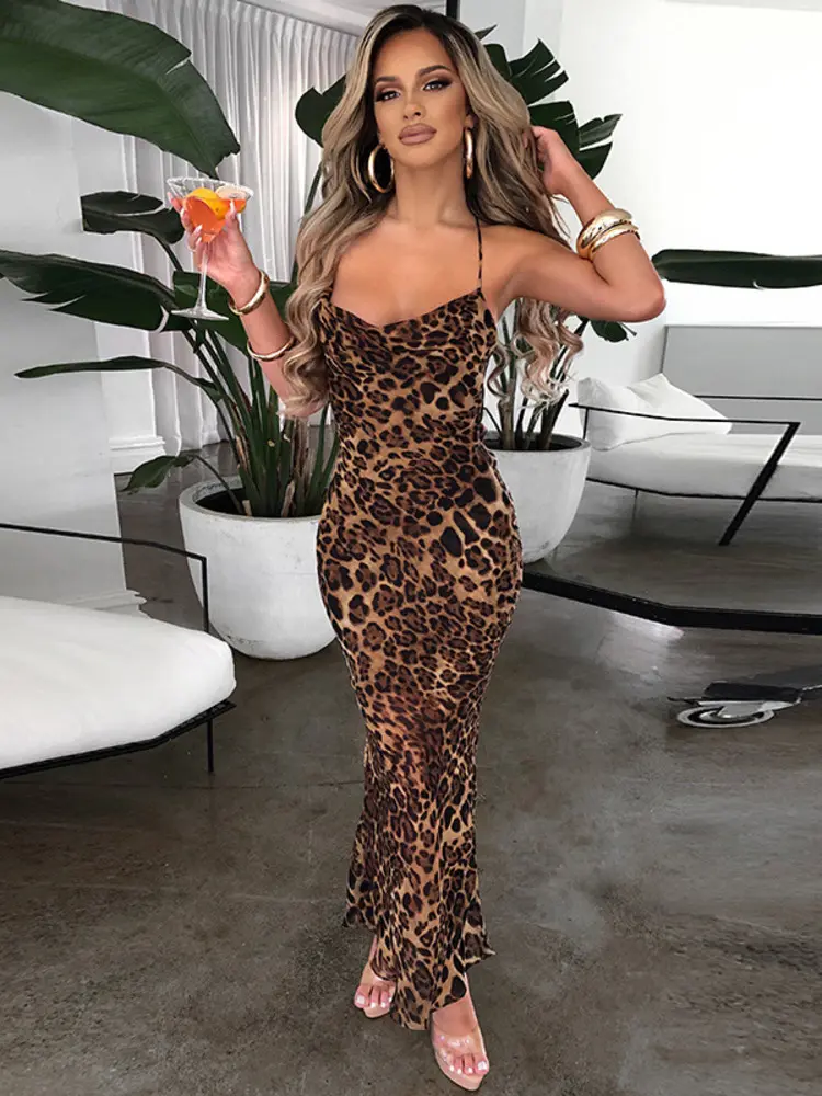 Mozision Elegant Leopard Print Maxi Dress For Women Summer Sexy Club Party Dresses Female Spaghetti Strap Sleeveless Long Dress