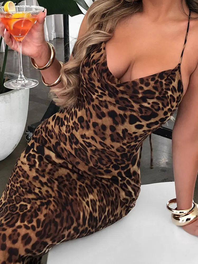Mozision Elegant Leopard Print Maxi Dress For Women Summer Sexy Club Party Dresses Female Spaghetti Strap Sleeveless Long Dress