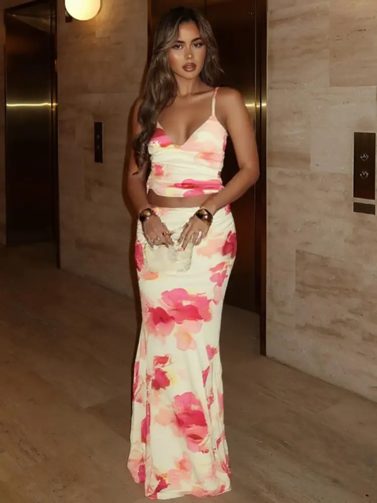 Mozision Print Sexy 2 Piece Sets Women Summer New V Neck Crop Tops And Maxi Skirt Female Elegant Club Party Slim Skirt Set