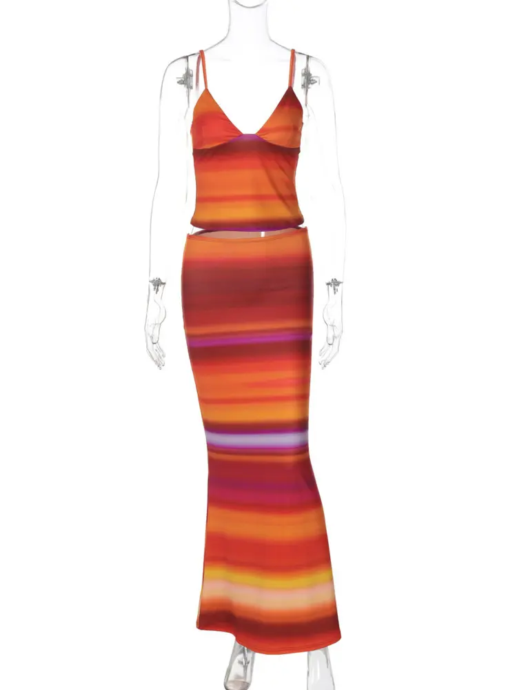 Mozision Print Sexy 2 Piece Sets Women Summer New V Neck Crop Tops And Maxi Skirt Female Elegant Club Party Slim Skirt Set