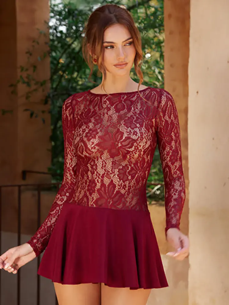 Mozision Lace Long Sleeve Sexy Mini Dress For Women Robe Patchwork O Neck Sheer Lace High Waist A-line Club Party Dress Vestido