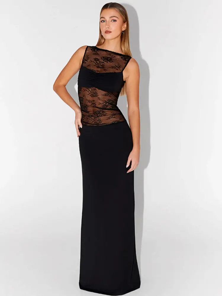 Mozision Lace See Through Sexy Maxi Dress For Women Black Patchwork O Neck Sleeveless Bodycon Club Party Tank Dresses Female