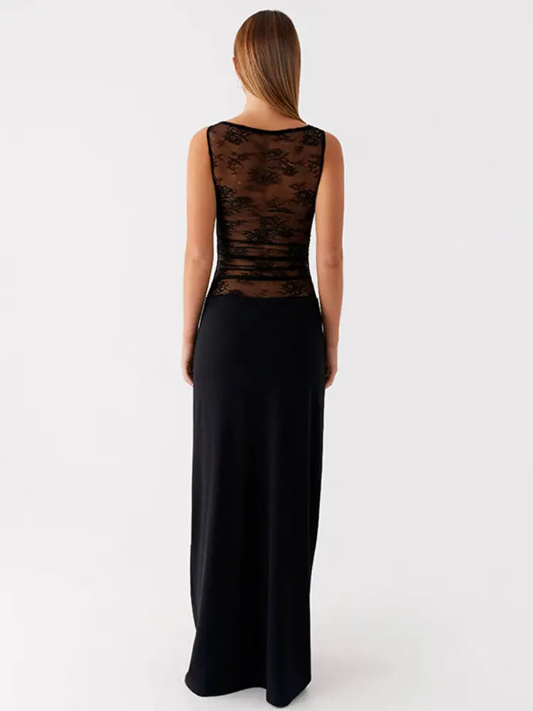 Mozision Lace See Through Sexy Maxi Dress For Women Black Patchwork O Neck Sleeveless Bodycon Club Party Tank Dresses Female