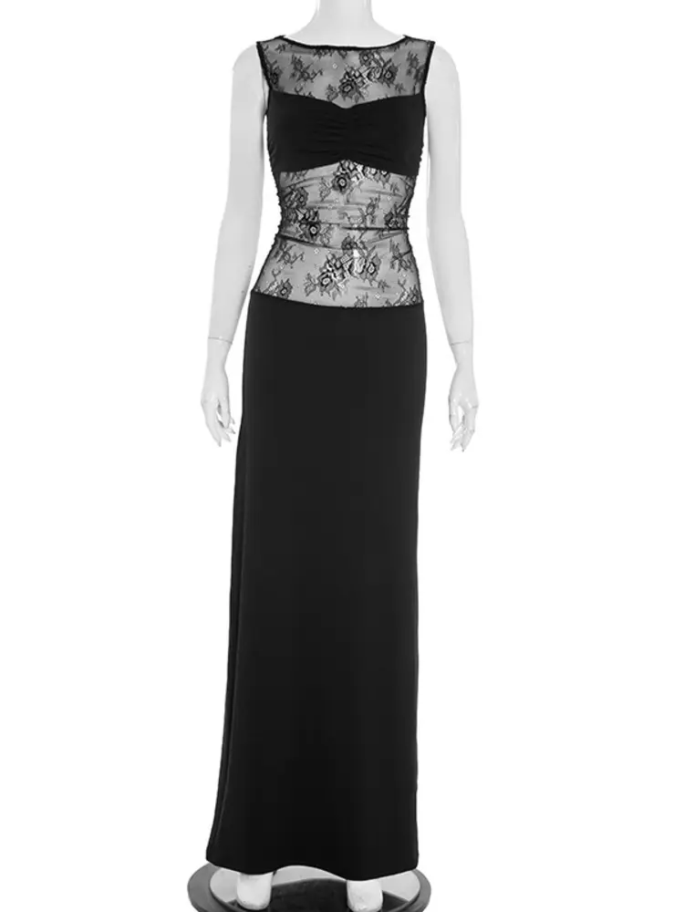 Mozision Lace See Through Sexy Maxi Dress For Women Black Patchwork O Neck Sleeveless Bodycon Club Party Tank Dresses Female