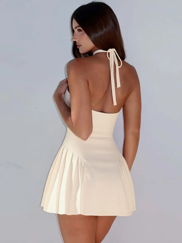 Mozision Deep V-neck Halter Sexy Mini Dress Women Sleeveless Off-shoulder Sleeveless Patchwork Backless A-line Club Party Dress