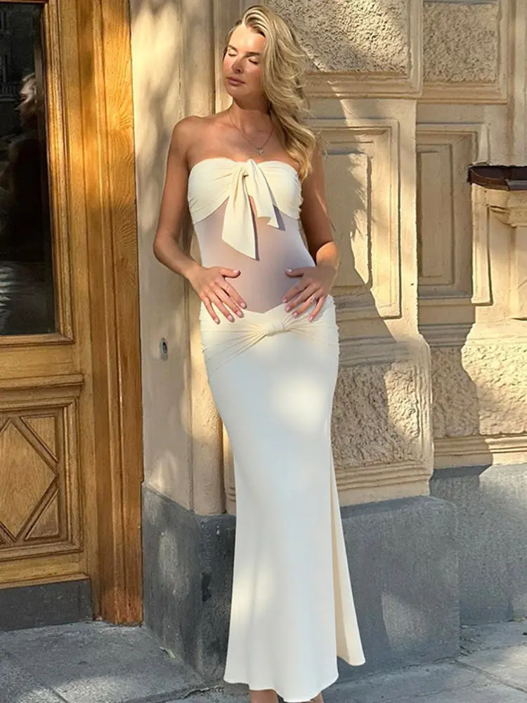 Mozision Off-shoulder Strapless Sexy Maxi Dress Women Fashion Patchwork Sleeveless Backless Ruched Bodycon Club Long Dresses
