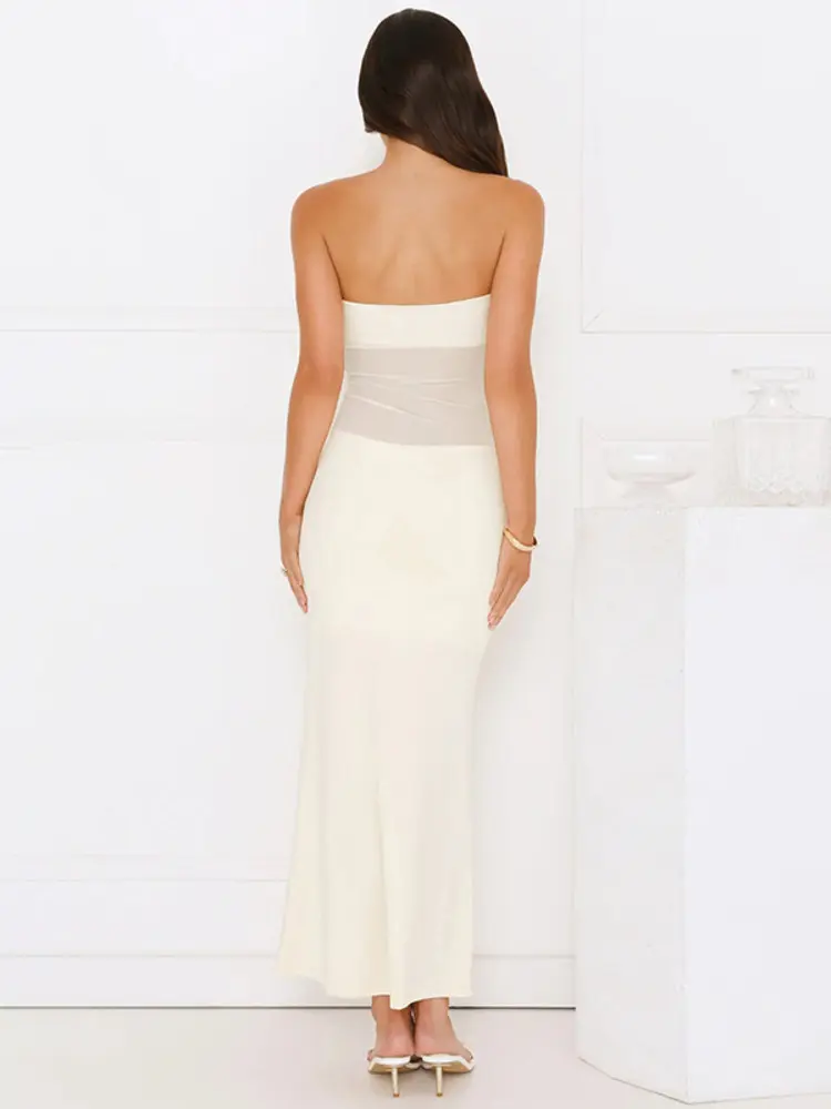 Mozision Off-shoulder Strapless Sexy Maxi Dress Women Fashion Patchwork Sleeveless Backless Ruched Bodycon Club Long Dresses