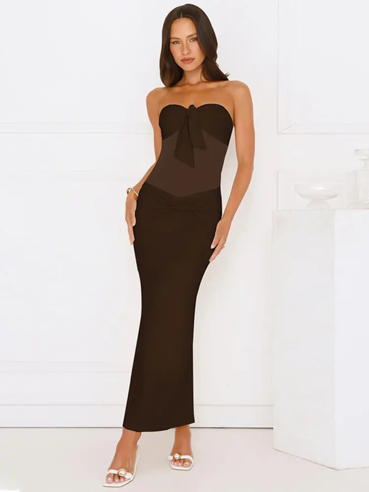 Mozision Off-shoulder Strapless Sexy Maxi Dress Women Fashion Patchwork Sleeveless Backless Ruched Bodycon Club Long Dresses