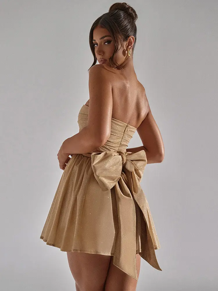 Mozision Mesh Strapless Sparkle Sexy Mini Dress For Women Fashion Backless Bow Pleated Dresses Ladies Club Party Dress Elegant