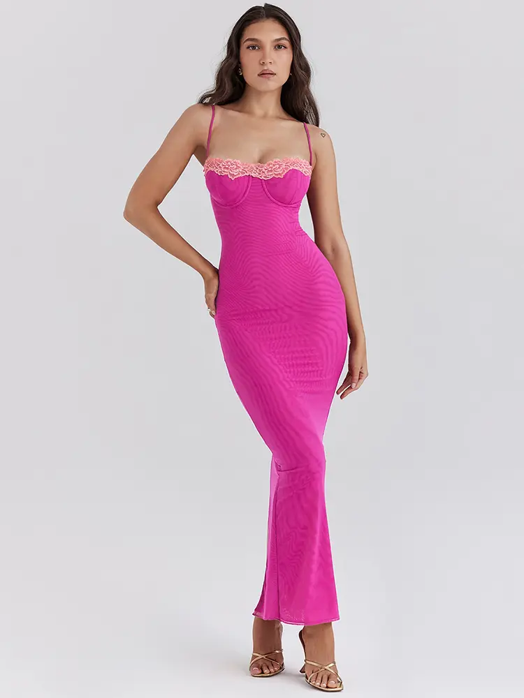Mozision Lace Spaghetti Strap Bodycon Maxi Dress Women Gown Patchwork Fashion Sleeveless Backless Sexy Club Party Dress Elegant