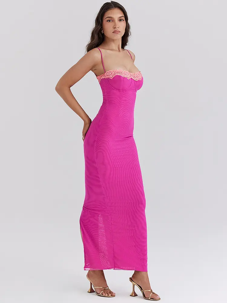 Mozision Lace Spaghetti Strap Bodycon Maxi Dress Women Gown Patchwork Fashion Sleeveless Backless Sexy Club Party Dress Elegant