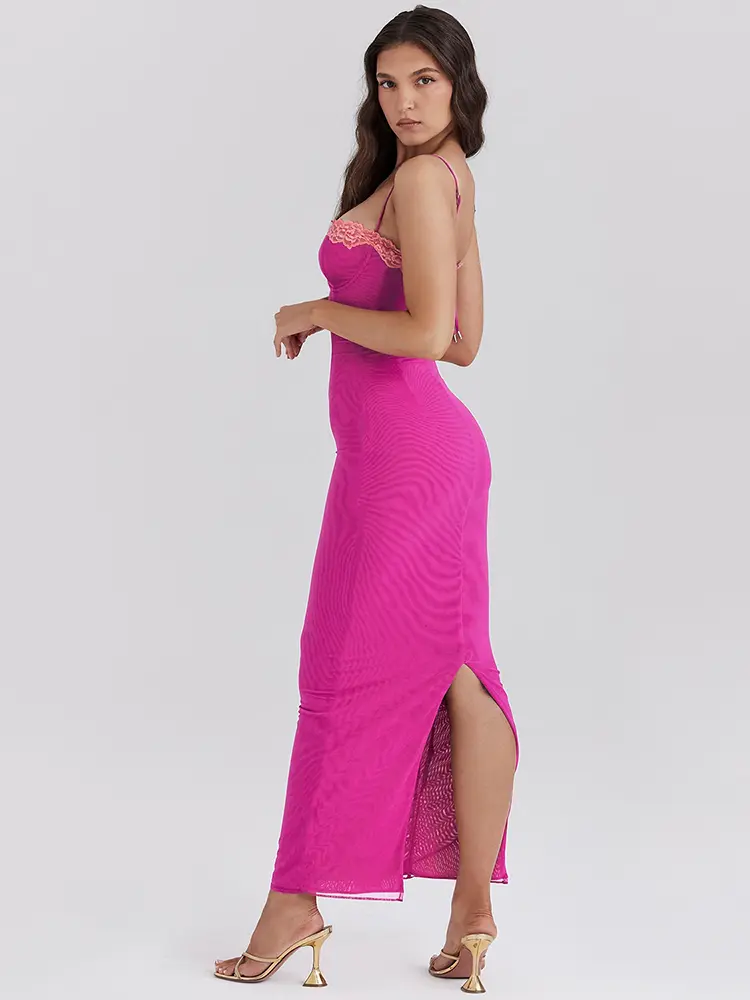 Mozision Lace Spaghetti Strap Bodycon Maxi Dress Women Gown Patchwork Fashion Sleeveless Backless Sexy Club Party Dress Elegant