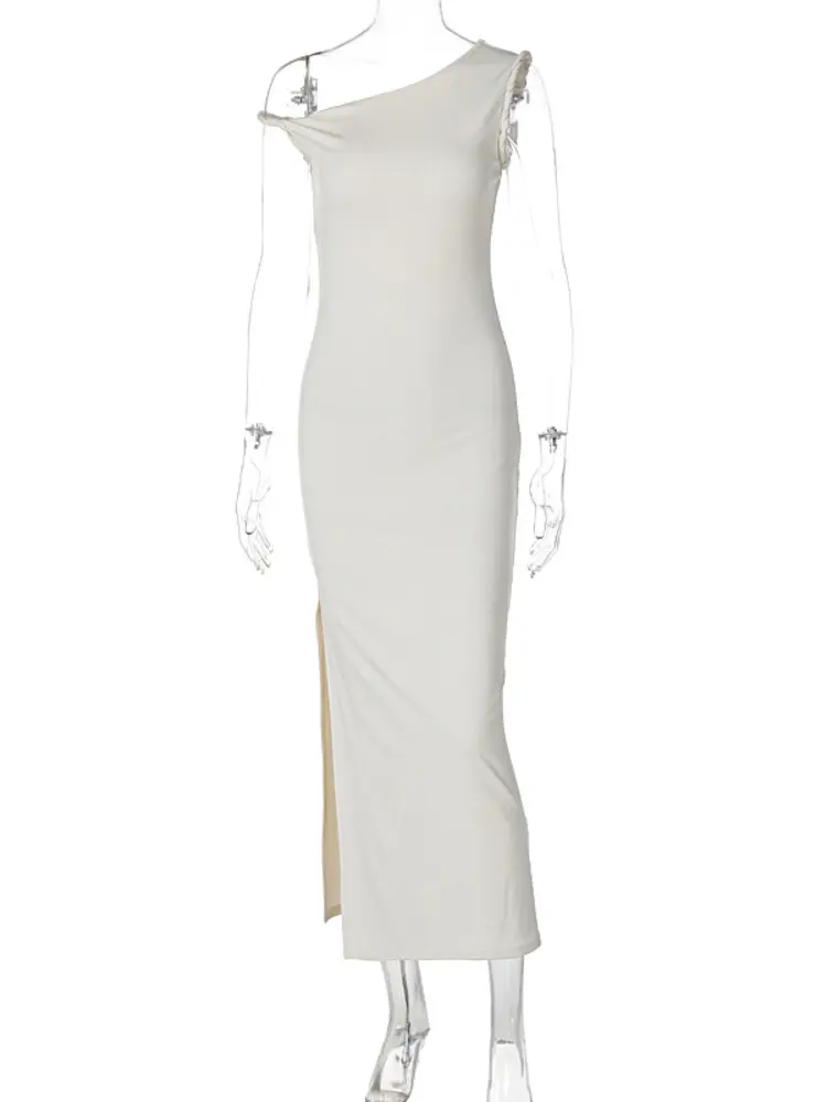 Mozision Inclined Shoulder Backless Slit Maxi Dress For Women Fashion Diagonal Collar Sleeveless Bodycon Sexy Long Dress Elegant