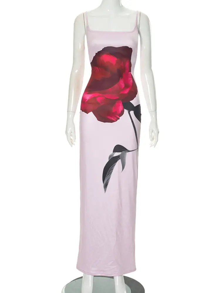 Mozision Floral Print Backless Sexy Maxi Dress For Women Gown Spaghetti Strap Sleeveless Bodycon Sexy Party Long Dress Clubwear