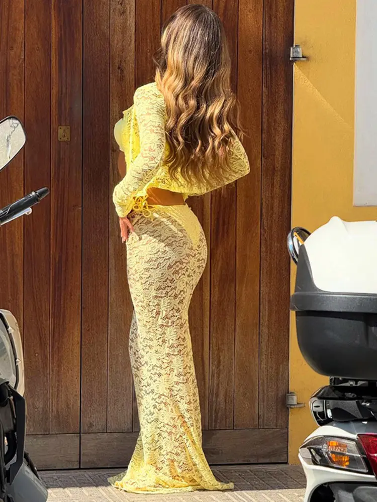Mozision Lace See Through Two Piece Set Women Yellow Long Sleeve Tops And Maxi Skirts Matching Set Female Elegant Skirt Set
