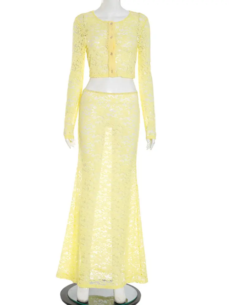 Mozision Lace See Through Two Piece Set Women Yellow Long Sleeve Tops And Maxi Skirts Matching Set Female Elegant Skirt Set